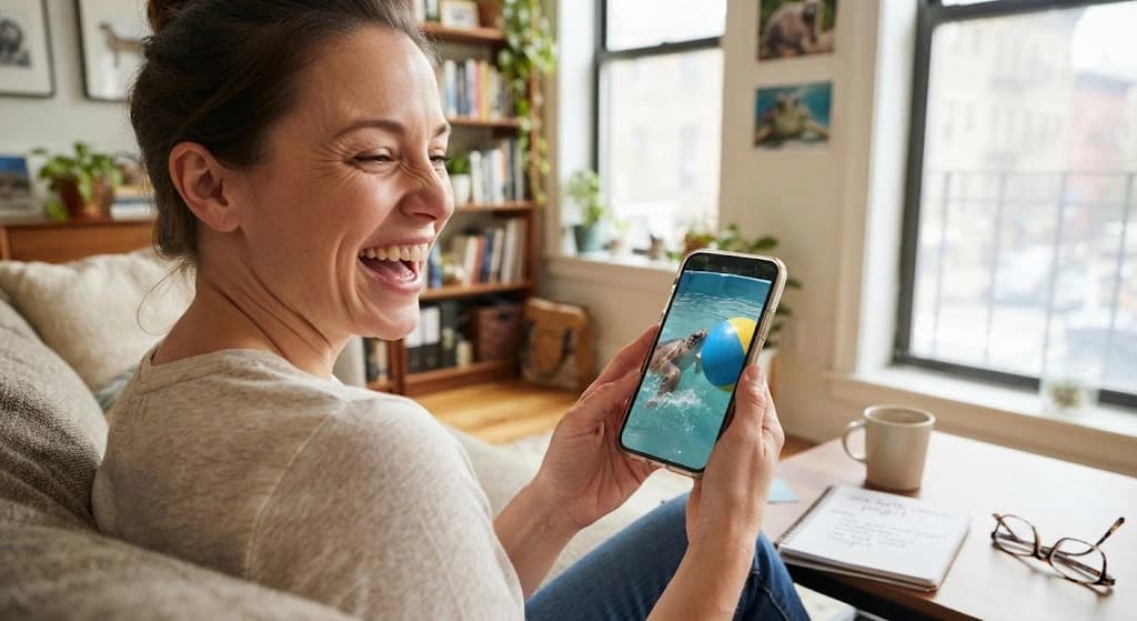 A backer on her couch at home laughing at a video of a sea turtle on her phone