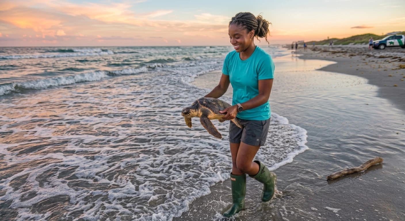A conservation researcher sitting on seaweed-covered rocks taking notes while a sea turtle surfaces nearby