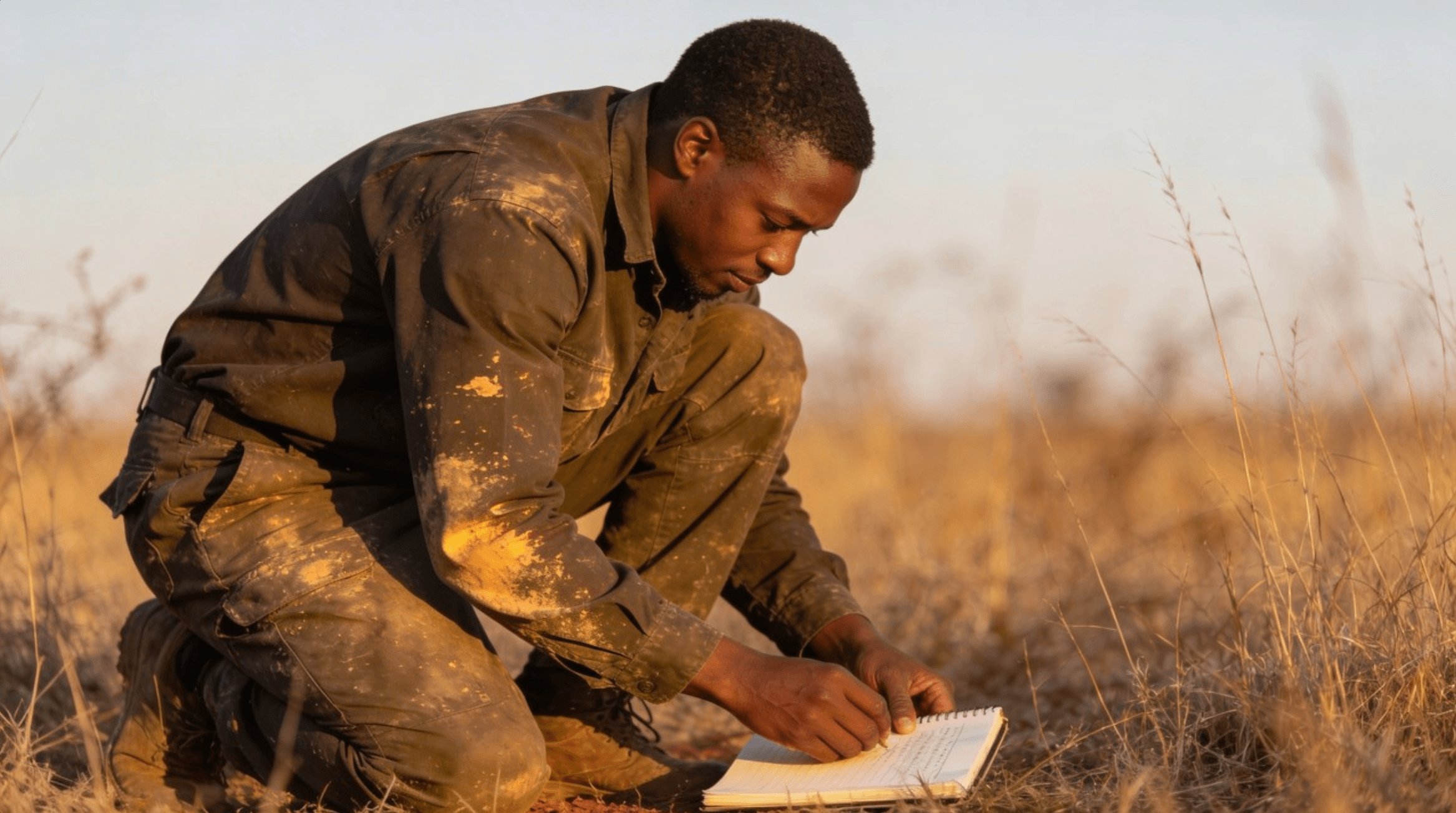 A male conservation researcher kneeling in the field taking notes in a notebook